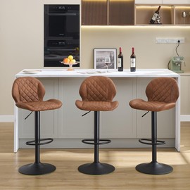 FIRAVOE Bar Stools Set of 3, Brown Swivel Bar Stools with Back, Adjustable Bar Stool 24"-33", Faux Leather Upholstered Bar Stool, Counter Height Barstools for Kitchen Island (Brown, 3PCS)