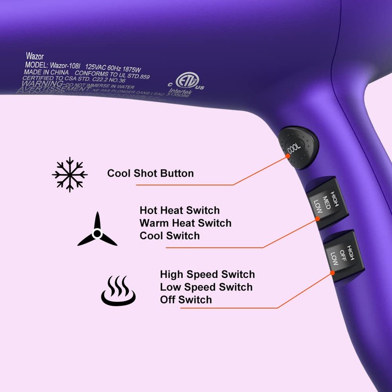 Wazor 3rd Generation Lightweight Low Noise Hair Dryer,(1875W Tourmaline Ceramic