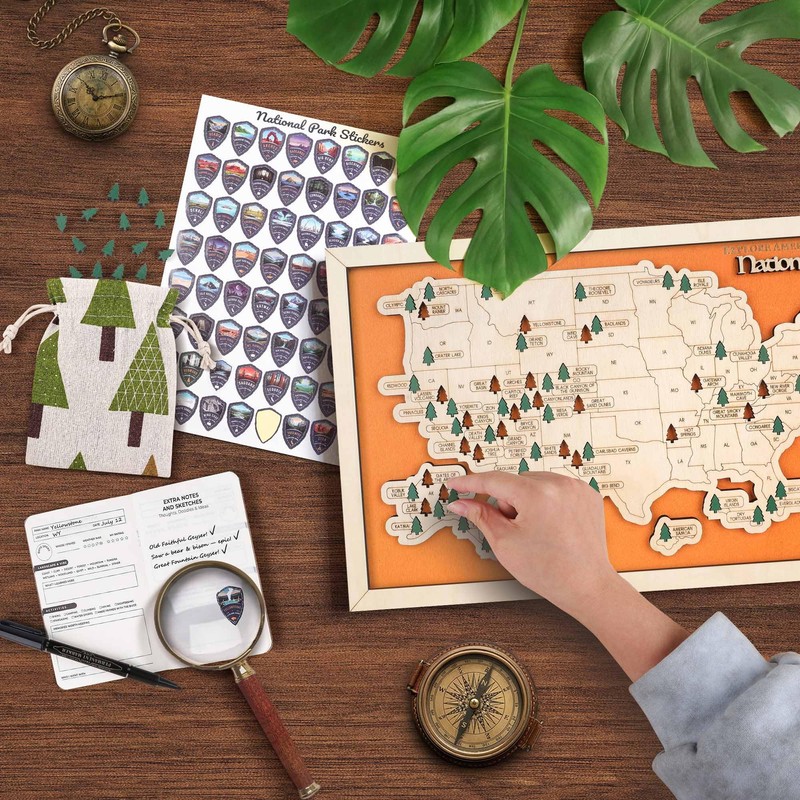 National Park Map Tracker, US National Parks Map, Wooden National