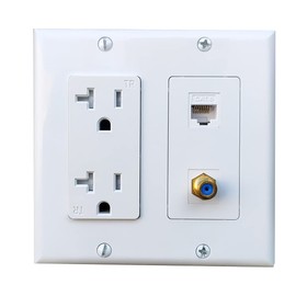 BOPLAT 2 Gang Ethernet Coax Wall Plate with 20Amp Power Outlet - Duplex Receptacle Outlet Cover Plate with Coaxial Ethernet +1 Port CAT6 + 1 Coax Cable TV F Type Jack- White