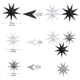 HOVIBU Pack of 6 Paper Stars Christmas, Christmas Folding Star 30 cm x 3 + 45 cm x 2 + 25 cm x 1, 9 Prong Paper Stars for Hanging for Christmas Decoration, Table Decoration, Wedding, Room (Black,