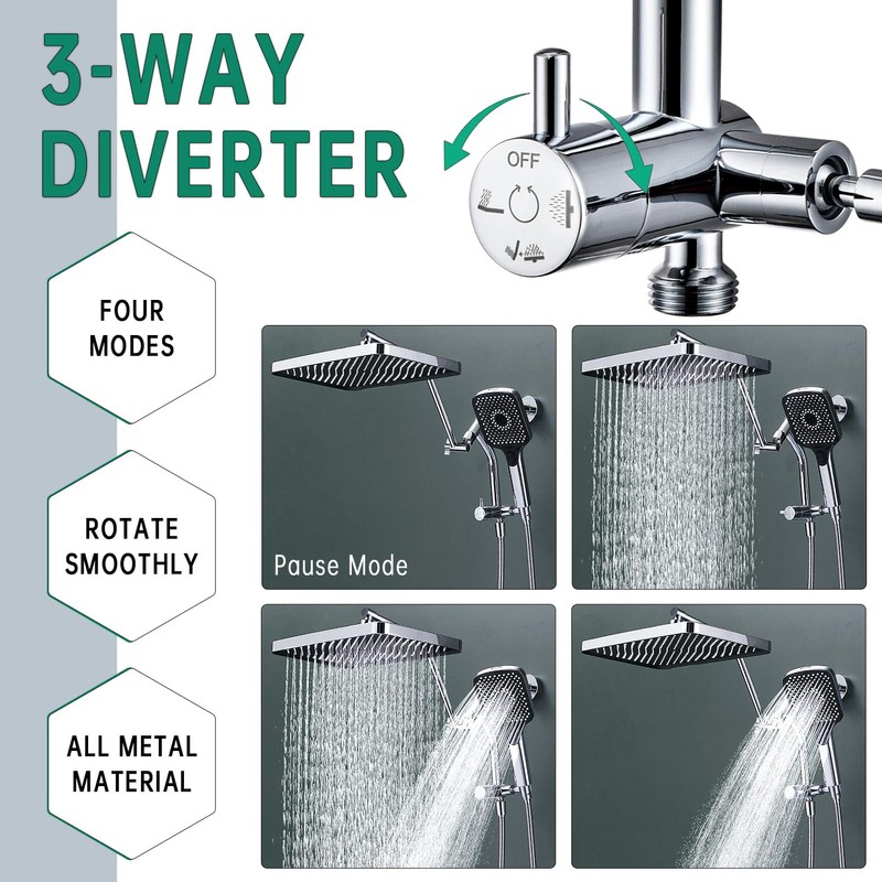 13-Inch Shower Heads with Multi-Function Handheld Sprayer Combo, 3-Way Metal