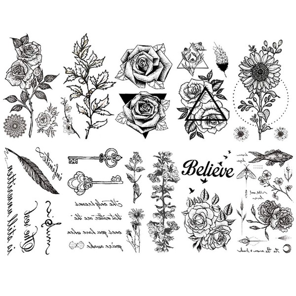 CARGEN 10 Sheets Black Flower Temporary Tattoo Sexy Concealed Makeup Fake Tattoo Body Art Sticker Waterproof for Legs Thighs Chest Hips and Other