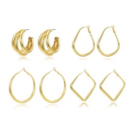 FDEETY 4 Pairs Earrings Set for Women 14K Gold-Plated Hoop Earrings AAA+ Hypoallergenic Large Huggie Piercing Earrings Gold Set for Multiple Ear Holes, Zinc