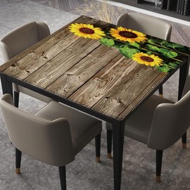 ZYRALLAX Square Fitted Table Cover Autumn Sunflowers On Wooden Board Stretch Tablecloth with Elastic fit for Square Table 42"x42" for Indoors Outdoors Party Dining Home Picnic Style130