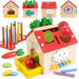 Kizfarm Wooden Montessori Activity House, 7-in-1 Multifunctional Wooden House for 12M+ Toddlers, Boys & Girls One Year Old First Birthday Gift, Baby Toy Set Including Object Permanent Play House