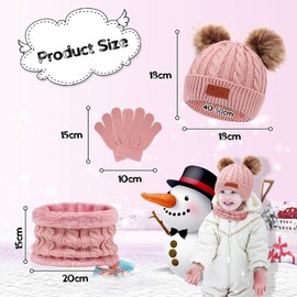 flintronic 3 in 1 Kids Winter Hat Scarf Gloves Set, Thermal Knit Hat Scarf Gloves Set, Fleece Lined, Winter Accessory Sets for Boys and Girls from 1-5 Years, pink
