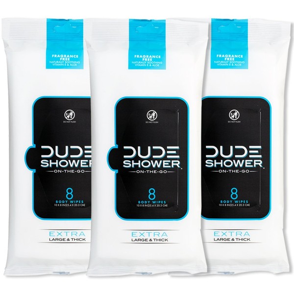 DUDE Shower Body Wipes (3 Packs, 8 Wipes Each) Unscented Naturally Soothing Aloe, Portable Individual Cleansing Cloth for Men