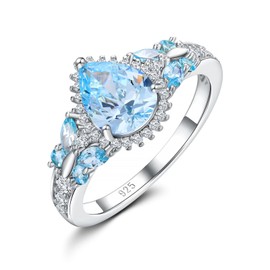 RANDES Sterling Silver Aquamarine Ring Pear Cut Light Blue Gemstone Butterfly Ring March Birthstone Teardrop Engagement Rings for Women Size 6