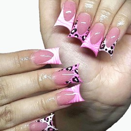 Duckbill French Tip Press on Nails Medium Long Nails Press ons Duck Shape Fake Nails Purple Lines Leopard Designs Shiny Press ons Glossy False Nails Artificial Stick on Nails for Women Manicure 24Pcs