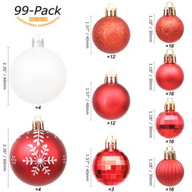 Sea Team 99 Pieces of Assorted Christmas Ball Ornaments Shatterproof Seasonal Decorative Hanging Baubles Set with Reusable Hand-held Gift Package for Holiday Xmas Tree Decorations, Red