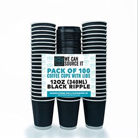 We Can Source It Ltd – 12oz Disposable Kraft Ripple Paper Cups with Black Lids – Insulated Black Paper Cups with 3 Ply Construction – for Tea, Coffee, Hot Drinks– 100Pc