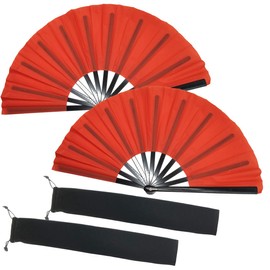TIHOOD 2PCS Large Red Folding Silk Hand Fan Hand Folding Fans Chinese Tai Chi Folding Fan for Men and Women Performance, Dance, Decorations, Festival, Gift (Red x2)
