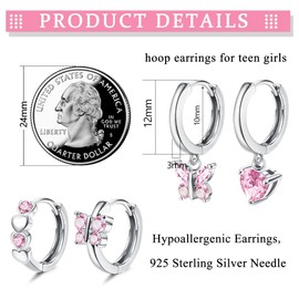 Kakonia 4 Pairs Hypoallergenic Small Hoop Earrings for Women S925 Silver Needle Hoop Earring Heart Butterfly Flower Earrings Dangling Huggie Teens Earrings Cartilage Set for Sensitive Ears