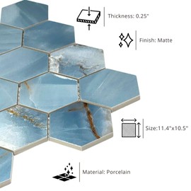 Tenedos HTC168 Azurite 3 inches Turquoise Blue Mix Hexagon Matte Marble Look Porcelain Mosaic Tile