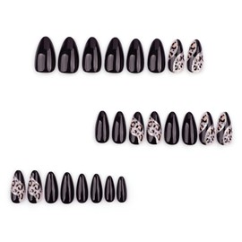 24Pcs Medium Press on Nails Almond Shape Fake Nails Glossy Black False Nail Tips with Leopard Design Acrylic Nails Reusable Stick on Nails Full Cover Glue on Nails for Women Manicure Decoration