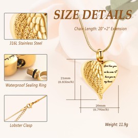 Minicremation Cremation Jewelry for Ashes Heart Urn Necklace Pendants Ashes for Women Men Keepsake Memorial Angel Wing with Charm Heart for Loved Ones (Gold-God)