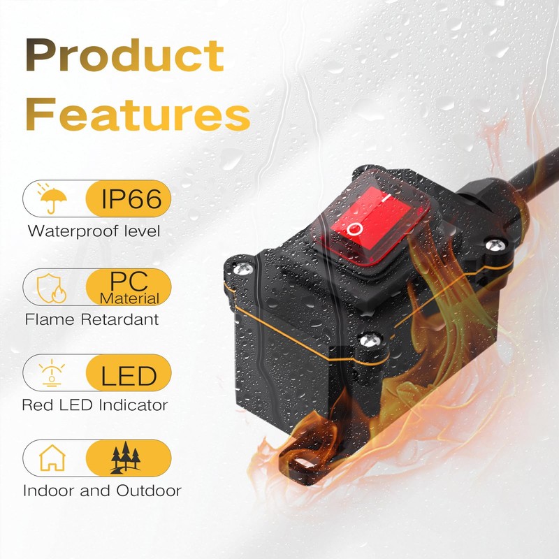 STARELO Extension cord with on/off switch, IP66 waterproof,Inline Power Switch