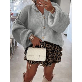 Saodimallsu Womens Oversized Cardigans Button Up Long Lantern Sleeve Chunky Knit Casual Soft Fall Sweater Coats Gray