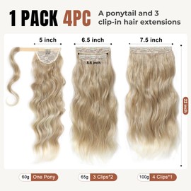 FLUFYMOOZ 4PCS Half Up Half Down Ponytail Extension Set, Fake Ponytail Soft Synthetic Hairpiece for Women, Long Thick Clip in Hair Extensions Wavy Fuller High Wrap Around (Dark Blonde and Light Blonde 22In)