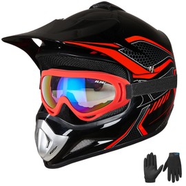 ILM Youth Kids Dirt Bike Helmet ATV Motocross DOT Off-road Street Helmet Goggles Gloves Full Face Protective Helmet Model BLD-818(Red,Youth-Medium)