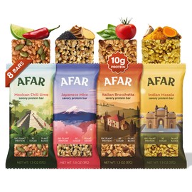 Afar Savory Protein Bars – Low Sugar, High Protein – Healthy Snacks for Adults – Meal Replacement Bar – Rice Crispy Texture – Vegan, Gluten Free (8 Bars, Variety Pack)