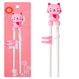 Training Chopsticks Toddler Chopsticks, Cute Animal Shape Easy to Use Learning Reusable Chopsticks Helper With attachable Trainer for Kids Child Baby Adults Beginners, Pink Cat, Dishwasher Safe