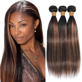 BilltiiWW Highlight Bundles P1B30 Straight Two Tone Black Mixed With #30 Light Brown Straight Bundles Brazilian Hair Weave Soft and Silky for Women 16 18 20 Inch
