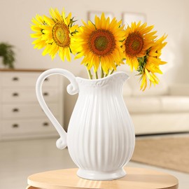 Yardwe White Ceramic Pitcher Vase, 7.9 Inch Dried Flowers Vase Porcelain Pot Arrangement Container for Home Decor