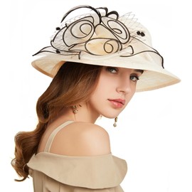 RZTA Women's Kentucky Derby Church Dress Hat Wide Brim Leaf Flower Bridal Shower Hat R7 Beige,Black Edge