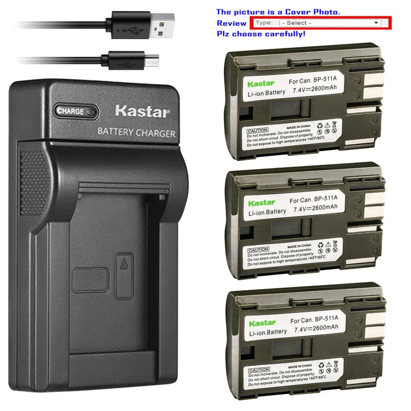 Kastar BP-511 Battery or Slim USB Charger for Canon Optura