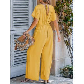 CUPSHE Womens Summer Jumpsuit V-Neck Short Dolman Sleeve Overall Wide Leg Long Playsuit Casual Holiday Outfits Yellow M