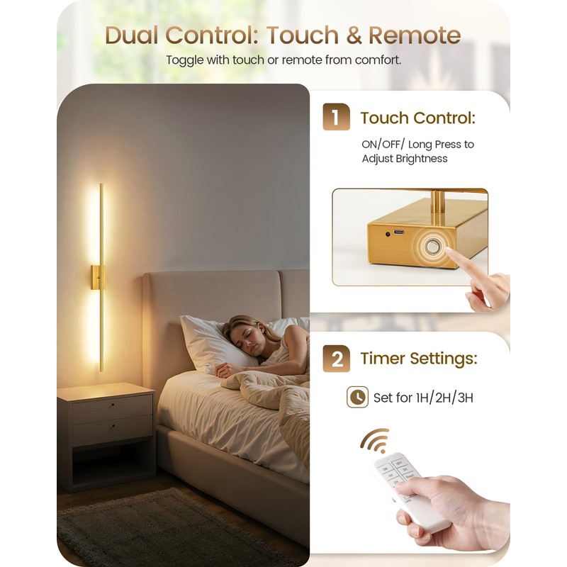 GOEBLESON 39.4" Wireless Battery Operated Wall Sconces Set of 2,