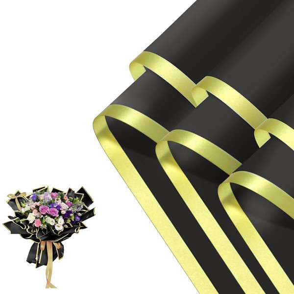 BEALIFOUAM 20 Sheets Flower Wrapping Paper, Waterproof Black Gold Gift