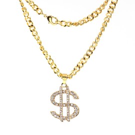 Just Follow Gold Plated Chain for Men Women with Rhinestones Dollar Sign Pendant Necklace Hip Hop Dollar Necklace (Gold)