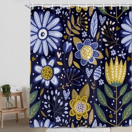 BSRAMZ Boho Floral Blue Shower Curtain, Farmhouse Bohemian Aesthetic Modern Flower Fabric Shower Curtains Set for Bathroom, Bohemia Abstract Leaves Restroom Decor Accessories with Hooks 70X70in