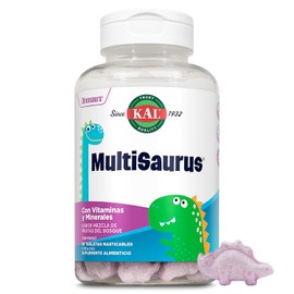 KAL Multisaurus Diarias Multivitamínico - Vitaminas Para Niños Completo con Vitamina E, B3, B6, B12, A, Magnesio, Zinc, Calcio y Vitamina D3 – Sin Fructosa, Bayas Mixtas Sin Gluten – 90 Masticables