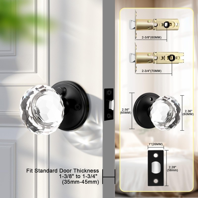 Lepushom 5 Pack Crystal Door Knobs Interior, Elegant Matte Black