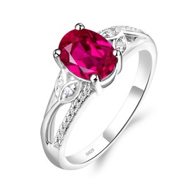 LUO 925 Sterling Silver Oval Shaped 1.75 CT Created Ruby Ring Leaf Engagement Ring July Birthstone Ring for Women US Size 9