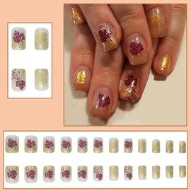 Fall Press on Nails Short Square Fake Nails Maple Leaf False Nails Full Cover Glitter and Autumn Leaf Design Holiday Acrylic Nails Thanksgiving Day Stick on Nails Reusable Artificial on Nails