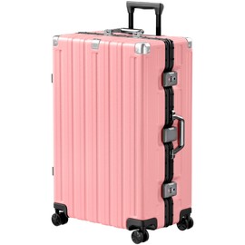 Krute Luggage 28 Inch Aluminum Frame No Zipper Large Luggage Noble Metal Hardshell Lightweight Luggage PC+ABS TSA Suitcase with Spinner Wheels Pink