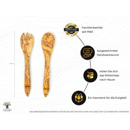 SOLTAKO High-quality salad servers made of exclusive olive wood, salad fork and serving spoon, kitchen utensil olive wood, salad spoon, handmade, approx. 30 cm
