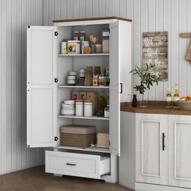 HOMCOM 69" Tall Kitchen Pantry Storage Cabinet, Farmhouse Freestanding Pantry Cabinet with 2 Doors, Drawer and Adjustable Shelves, Cupboard for Dining Room, White