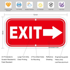 2PC Exit Sign with Right Arrow, 12"x6" Right Arrow Exit Sign for Business, Rust Free Reflective Aluminum Exit Signs with Directional Right Arrow, Fade/Weather Resistant, UV Protected, Easy to Install