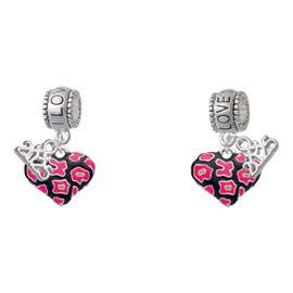 Delight Jewelry Silvertone Hot Pink Cheetah Print Heart - I Love You/Love You More Charm Beads (Set of 2)