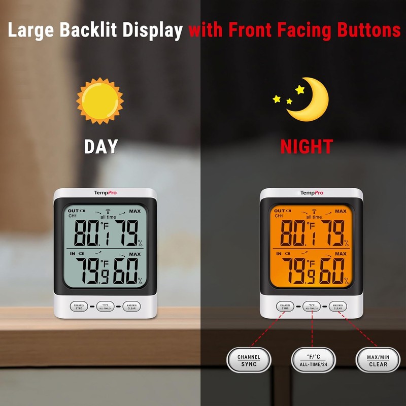 TempPro Indoor Outdoor Thermometer Wireless, 500 ft Outside Thermometer with