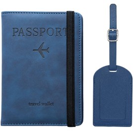 Passport Holder Cover Case with Elastic Strap and Luggage Tag,H HOME-MART PU Passport Holder with Suitcase Tag,RFID Blocking Document Organizer Protector,for Boarding Passes (Blue)