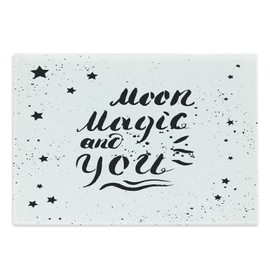 Ambesonne Romantic Cutting Board, Moon Magic and You Inspirational Messy Modern Brush Pen Calligraphy with Stars, Decorative Tempered Glass Cutting and Serving Board, Large Size, Black White