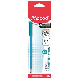 Maped - Kidy Learn Concentration - Box of 10 Ergonomic Graphite Pencils with Relaxing Chew/Bite Tips - HB Lead - Textured Grip
