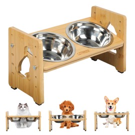 CZTNNZK Elevated Dog Bowls, Adjustable Raised Dog Bowls Stand for Small Size Dogs and Cats, Durable Bamboo Dog Feeder with 2 Stainless Steel Bowls and Non-Slip Feet